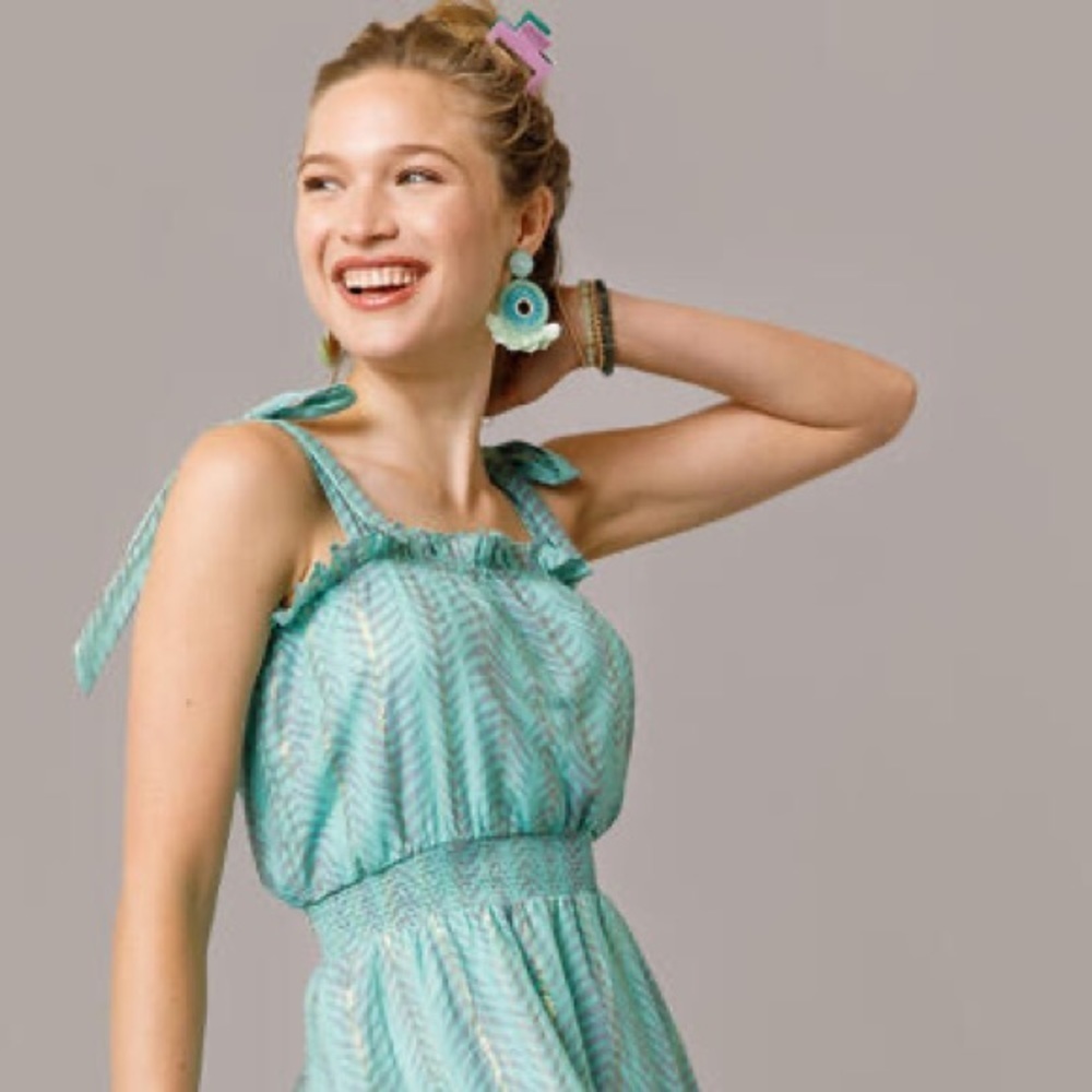 Francesca’s Layla Lurex Mini Dress mint and gold shoulder ties size small - Picture 5 of 10